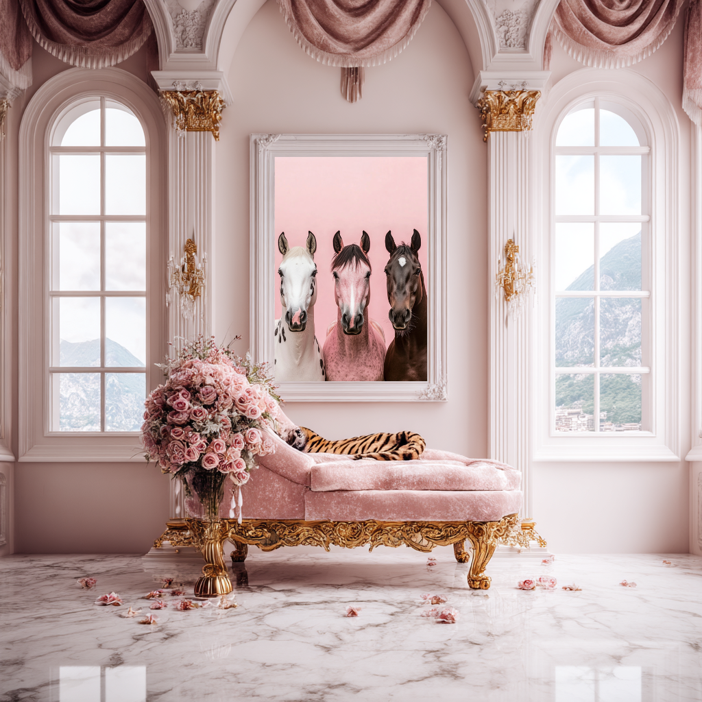 Pastel Herd – Trio of Horses Against Pink Wall Art Poster