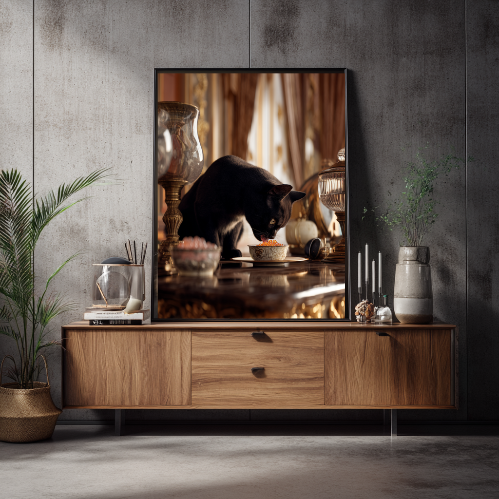 Velvet Indulgence – Black Cat Dining Wall Art Poster