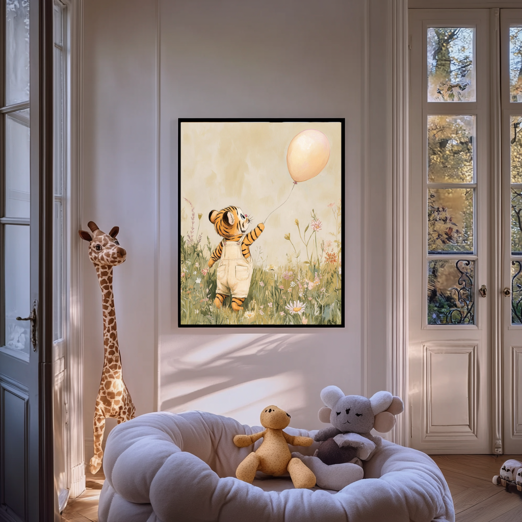 Chasing Light – Tiger Cub with Balloon Nursery Wall Art Poster