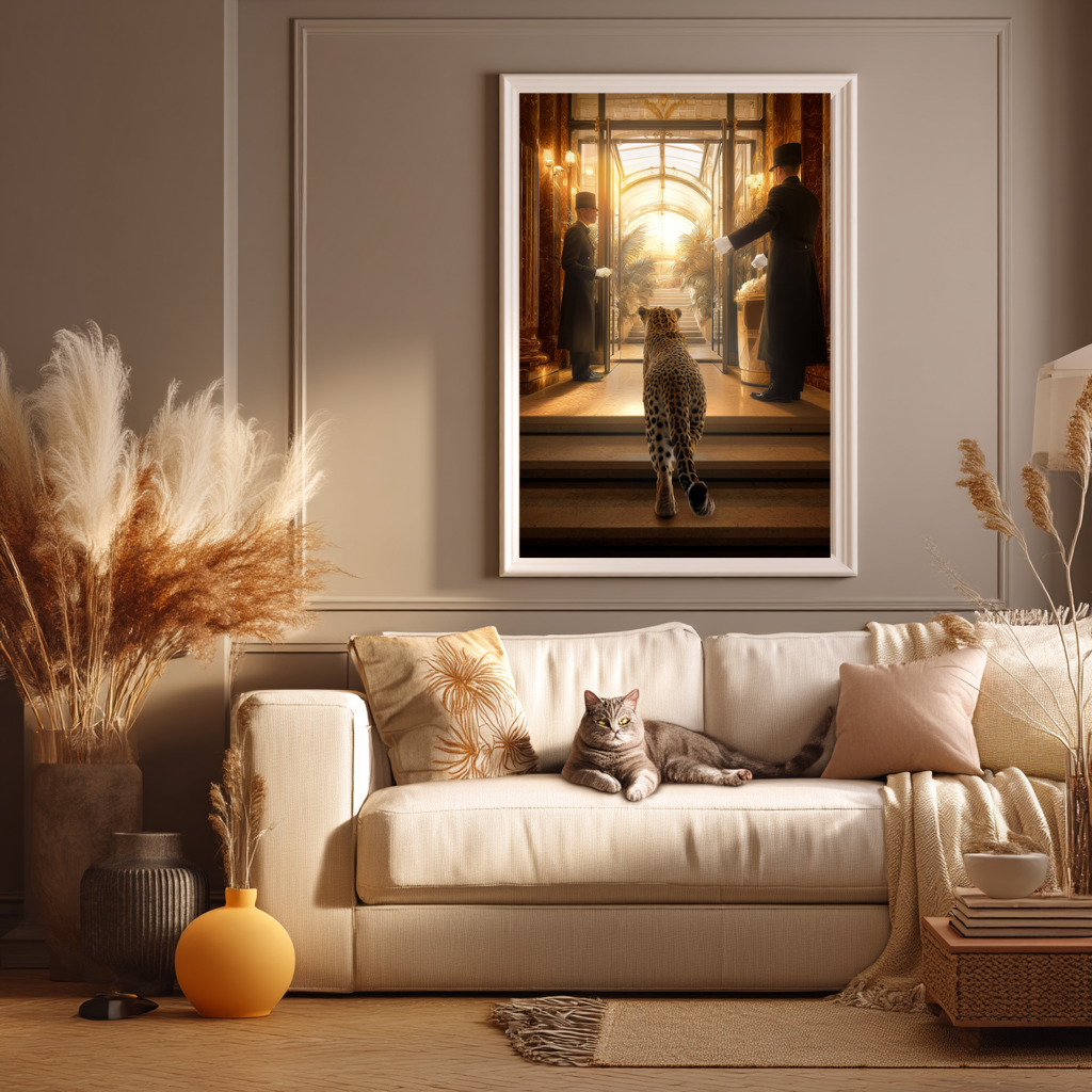 The Grand Entrance – Leopard Arriving at Luxury Hotel Wall Art Poster