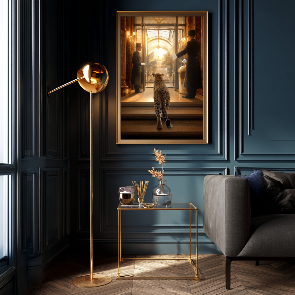 The Grand Entrance – Leopard Arriving at Luxury Hotel Wall Art Poster