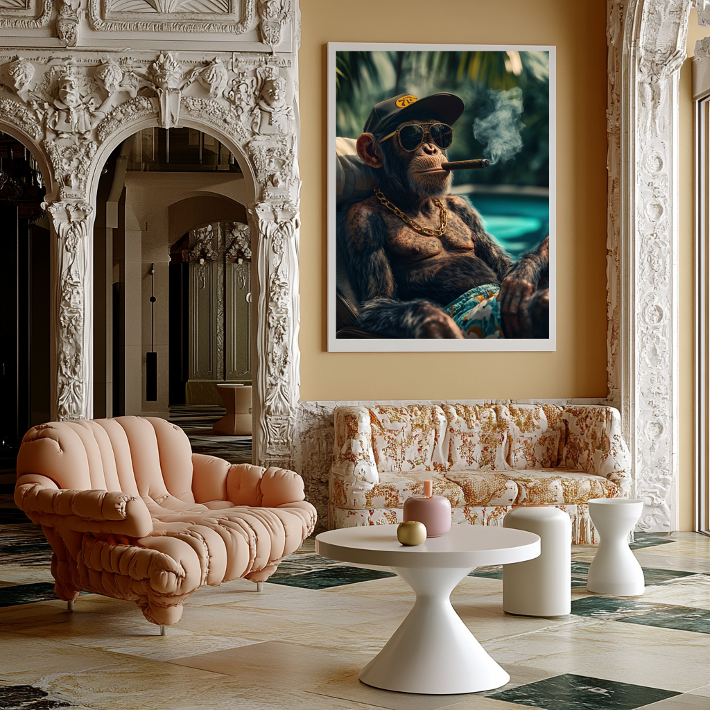 Banana Republic wall art poster – Alpha ape lounging poolside in luxury setting, bold surreal animal artwork for contemporary decor and statement spaces