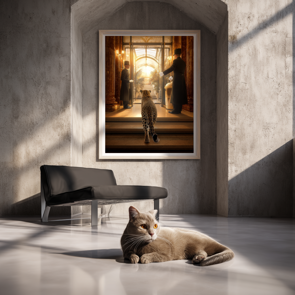 The Grand Entrance – Leopard Arriving at Luxury Hotel Wall Art Poster