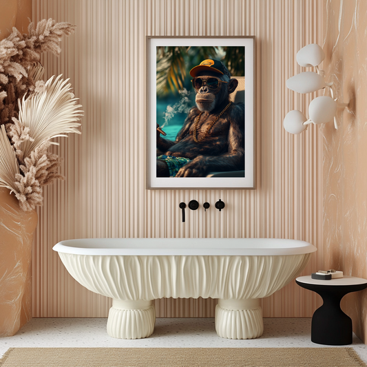 Primate Royale wall art poster – Tropical gorilla in royal attire with floral crown, bold surreal animal portrait for luxury interiors and eclectic walls