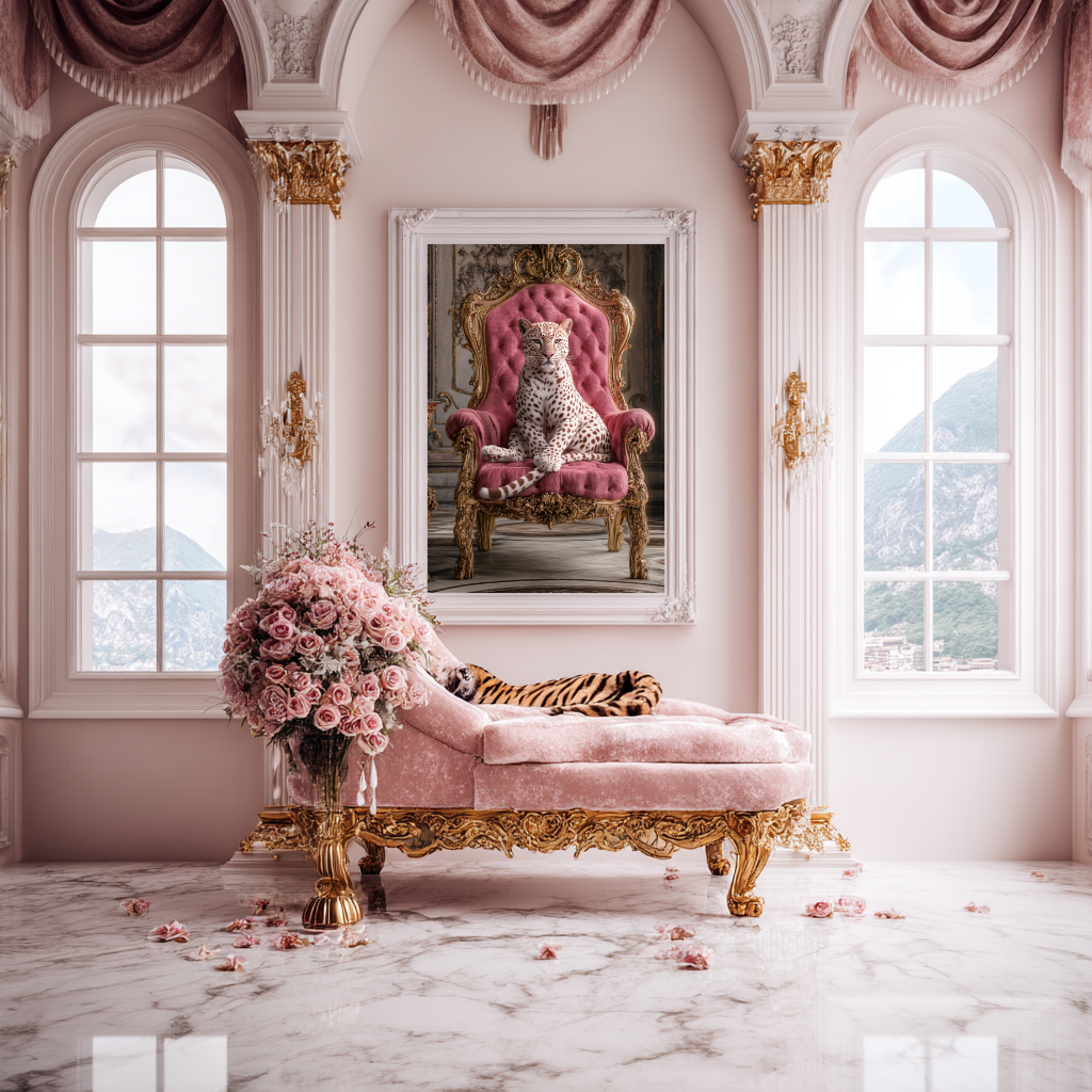 Throne Tamer – Spotted Leopard on Velvet Chair Wall Art Poster