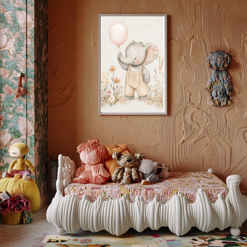 Blush Elephant with Balloon – Soft Safari Nursery Wall Art Poster