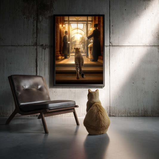 The Grand Entrance – Leopard Arriving at Luxury Hotel Wall Art Poster
