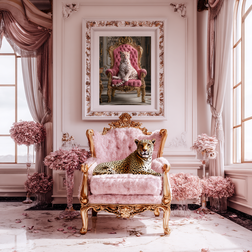 Throne Tamer – Spotted Leopard on Velvet Chair Wall Art Poster