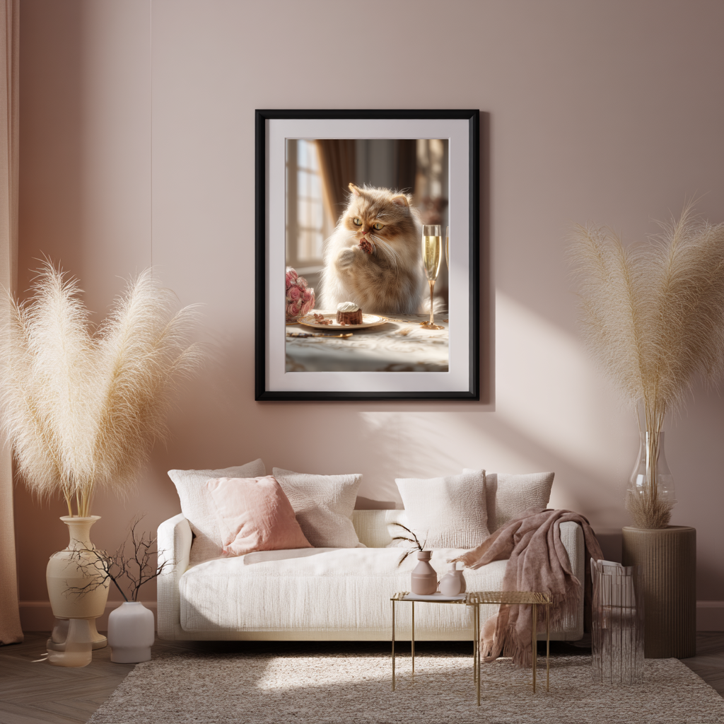 The Dessert Duchess – Elegant Cat Dining Wall Art Poster