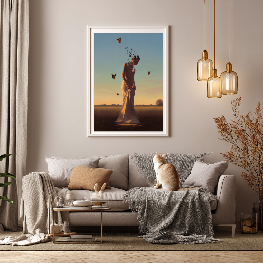 Becoming Light – Woman Dissolving into Butterflies Wall Art Poster