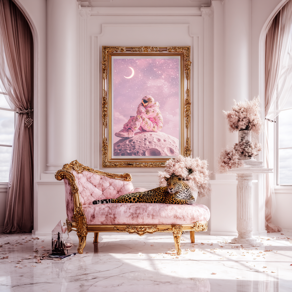 Moonlight Drifter – Pink Astronaut on Lunar Dreamscape Wall Art Poster