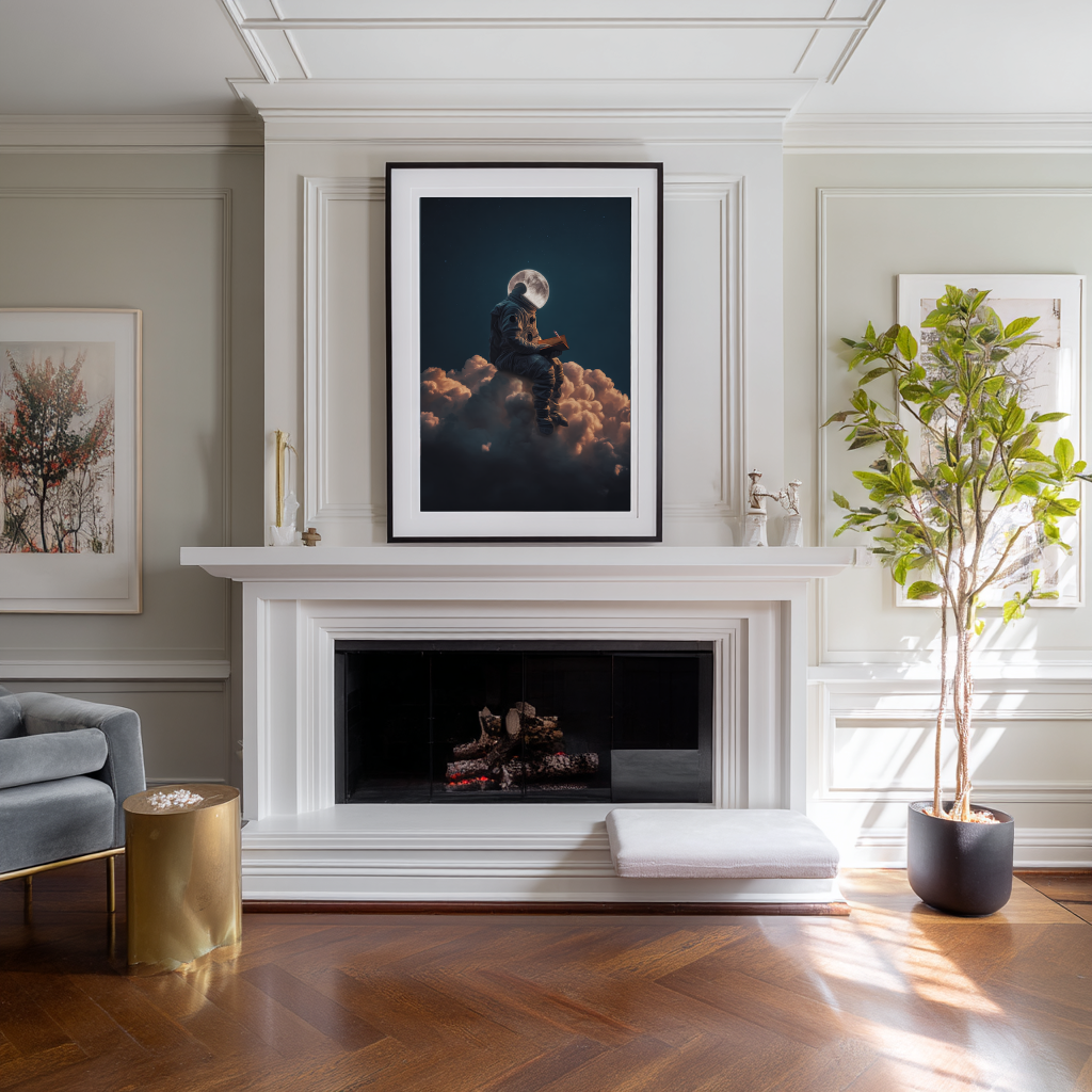 Lunar Dreamer wall art poster – Surreal astronaut with a full moon as a head, dreamy space-inspired artwork for modern, conceptual, and cosmic interiors