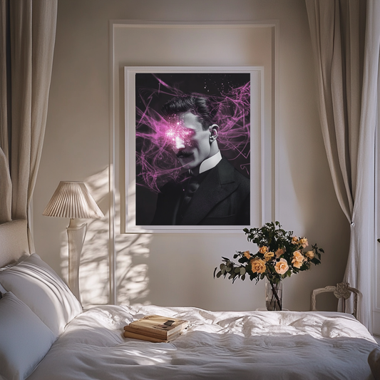 Neon Tesla wall art poster – Futuristic portrait of Nikola Tesla with electric neon glow, visionary artwork for modern interiors and tech-inspired spaces