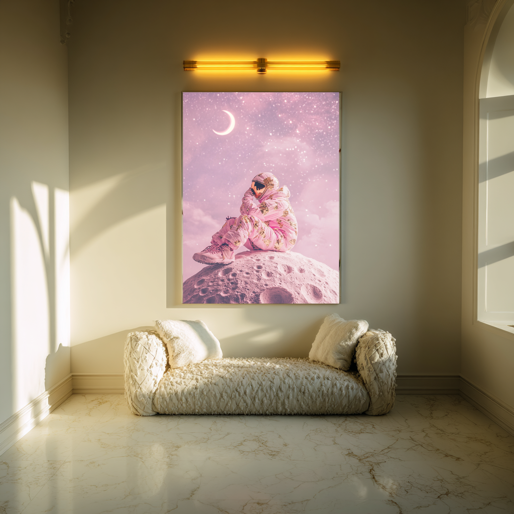 Moonlight Drifter – Rosa Astronaut auf Mondtraumlandschaft – Wandkunst-Poster