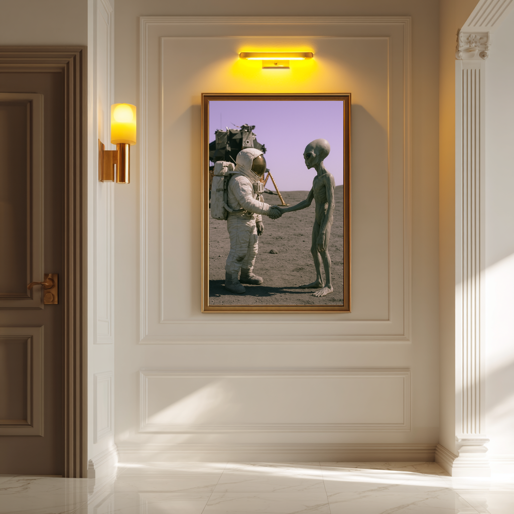 First Contact wall art poster – Surreal astronaut reaching out in a dreamlike space scene, conceptual fine art print for cosmic lovers and modern interiors