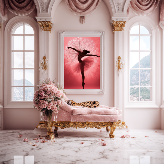 Dandelight wall art poster – Ethereal ballerina blooming into dandelions mid-motion, poetic artwork symbolizing transformation, grace, and lightness