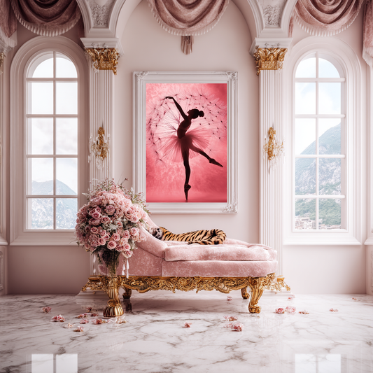 Whisper Bloom wall art poster – Graceful ballerina surrounded by soft dandelion blooms, dreamy and delicate artwork for feminine and serene interiors