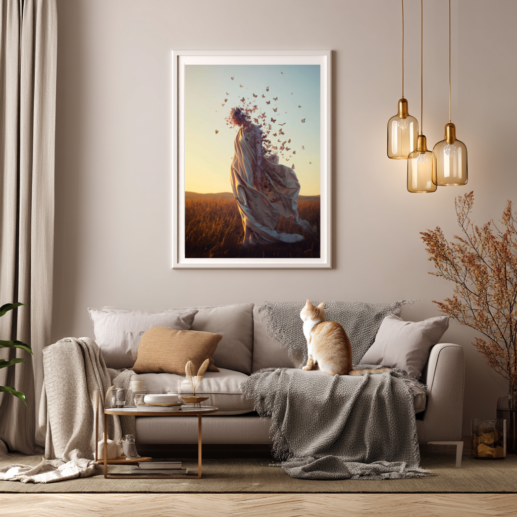 Winds of Becoming – Woman in Flight with Butterflies Wall Art Poster