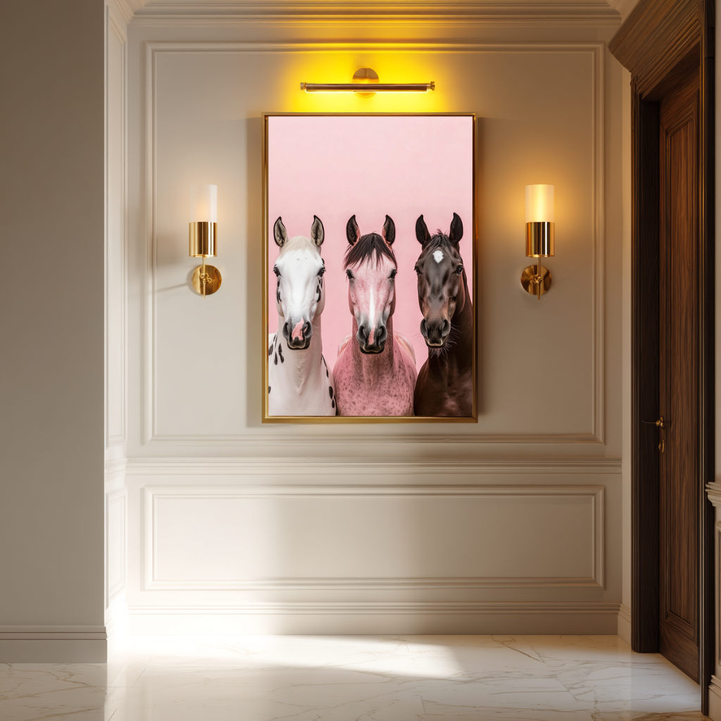 Pastel Herd – Trio of Horses Against Pink Wall Art Poster