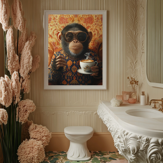 Latte Primate wall art poster – Retro-style monkey sipping coffee in sepia tones, quirky animal artwork for kitchens, cafés, or eclectic wall decor