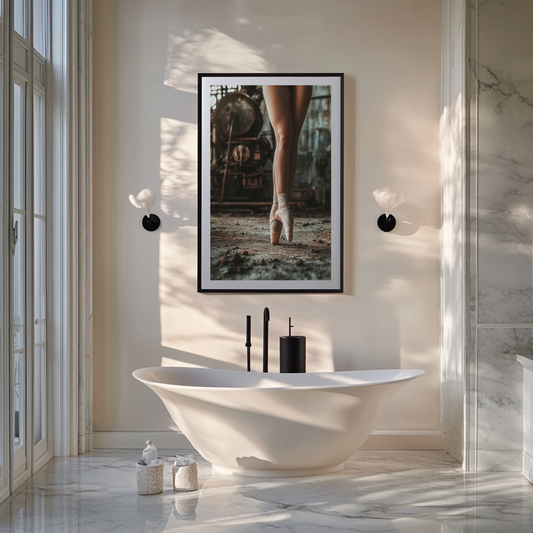 Steel Satin wall art poster – Ballerina poised in a setting of industrial decay, contrasting elegance and grit in a powerful, cinematic art composition