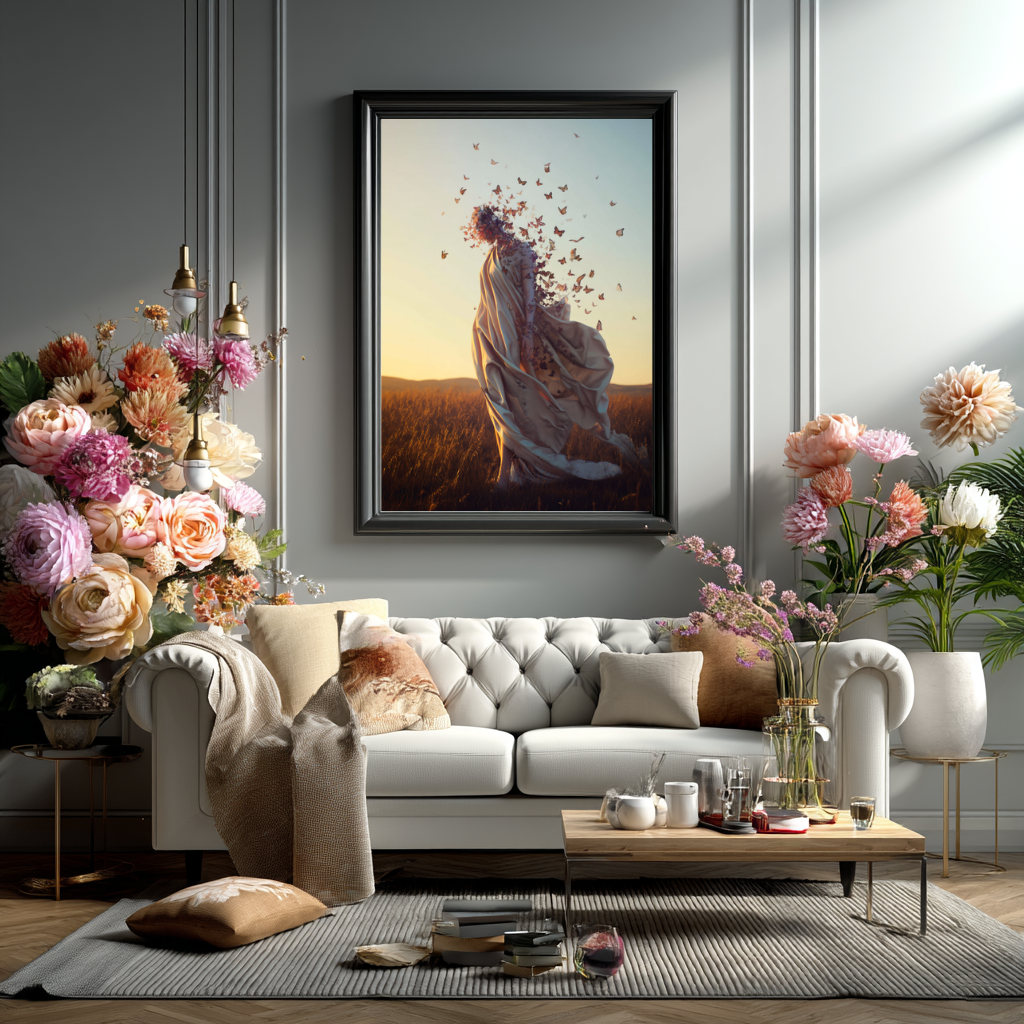 Winds of Becoming – Woman in Flight with Butterflies Wall Art Poster