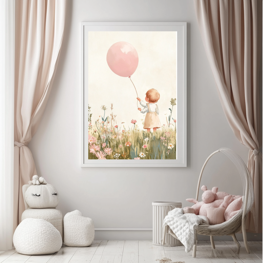 Blush Girl with Balloon – Floral Meadow Nursery Wall Art Poster