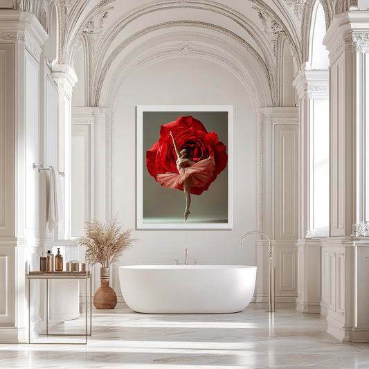 Rose Pirouette wall art poster – Graceful ballerina in mid-pirouette with rose-toned background, dreamy feminine artwork for dance studios and serene spaces