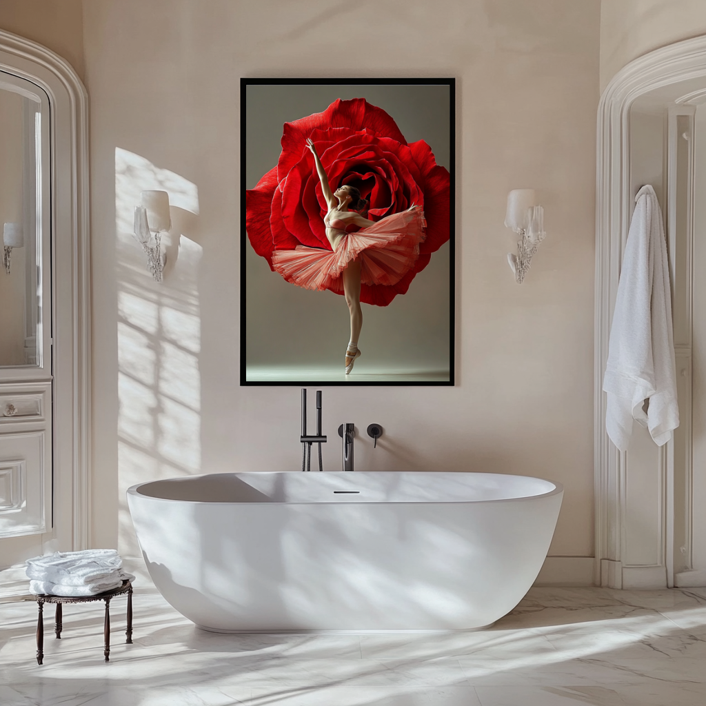 Rose Pirouette wall art poster – Graceful ballerina in mid-pirouette with rose-toned background, dreamy feminine artwork for dance studios and serene spaces