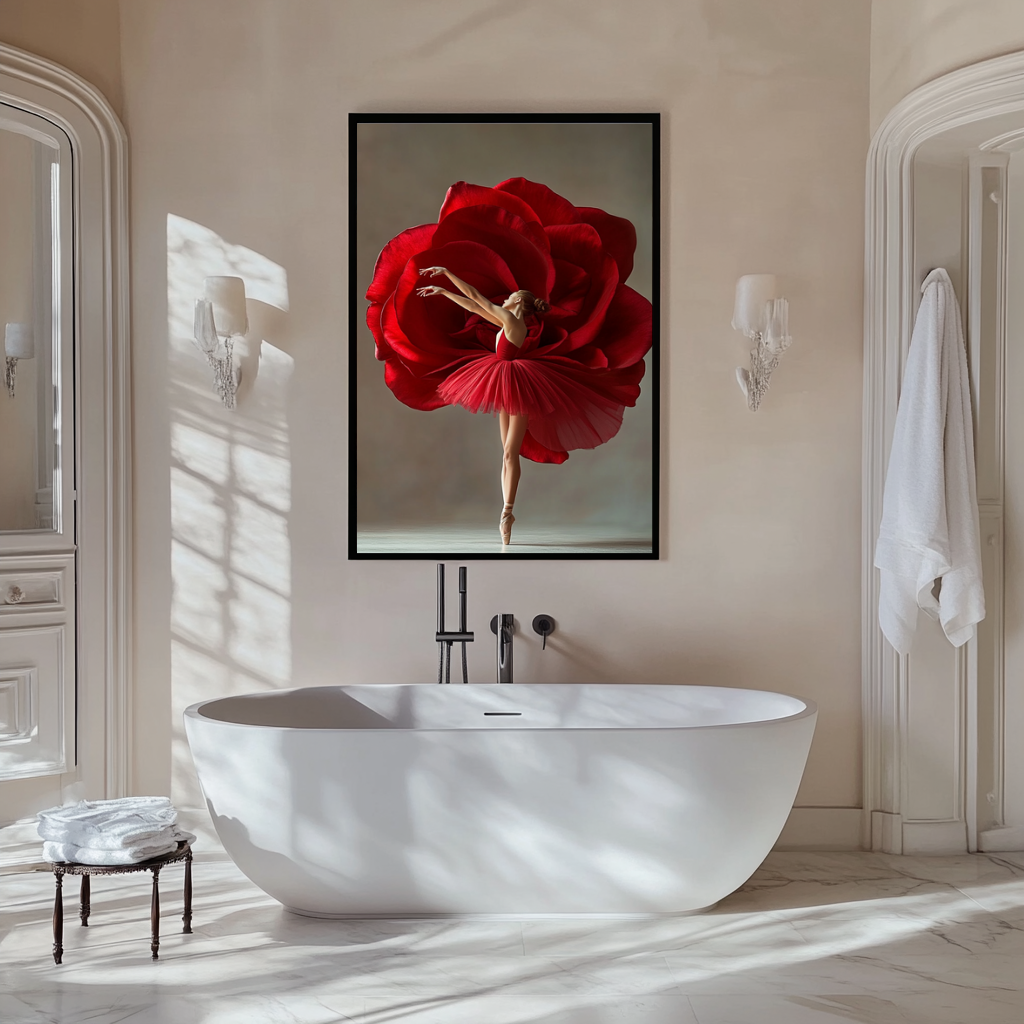 Crimson Bloom wall art poster – Elegant ballerina surrounded by crimson florals, poetic and feminine artwork for bedrooms, studios, or graceful interiors