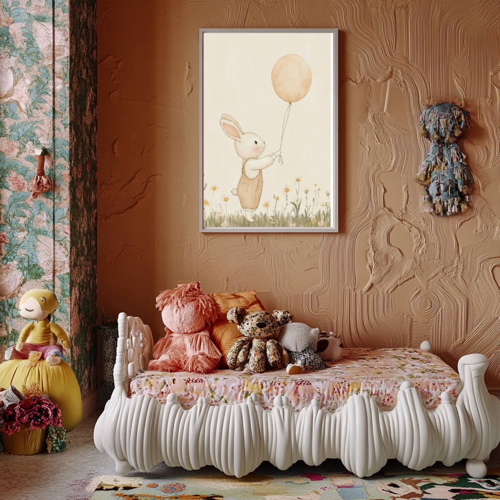 Neutral Bunny with Balloon – Minimalist Rabbit Nursery Wall Art Poster