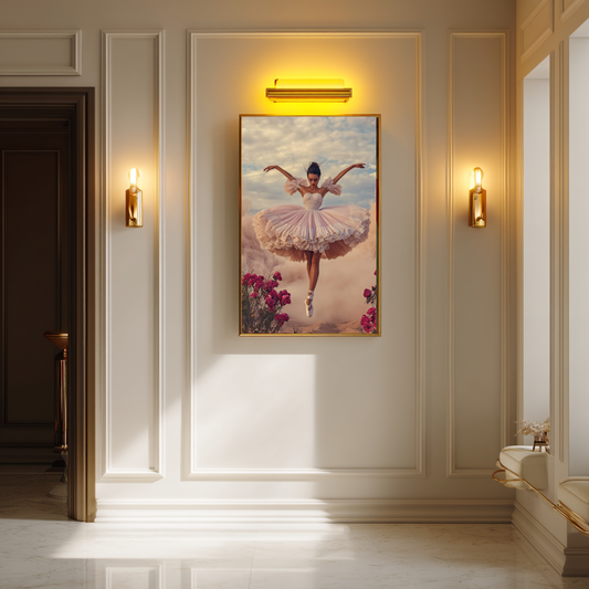 The Dust Dancer wall art poster – Ethereal ballerina in blooming tulle dress surrounded by soft dust clouds, dreamy feminine artwork for graceful interiors