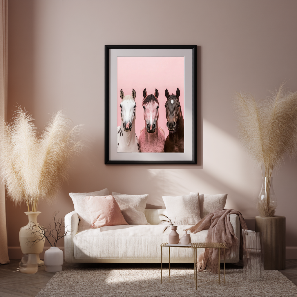 Pastel Herd – Trio of Horses Against Pink Wall Art Poster