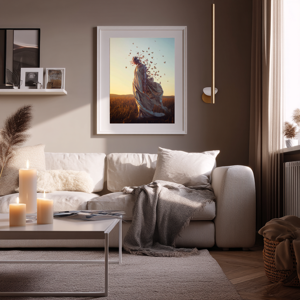 Winds of Becoming – Woman in Flight with Butterflies Wall Art Poster
