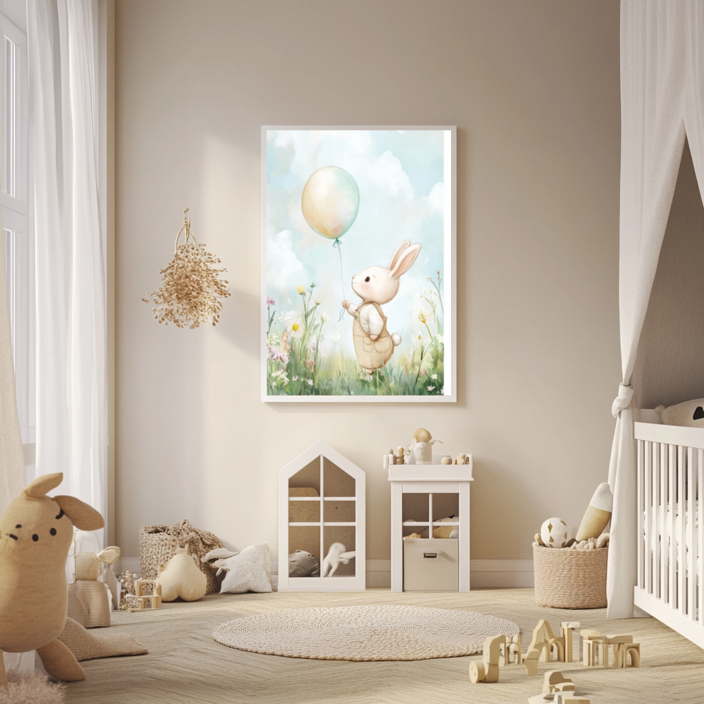 Bunny with Balloon – Whimsical Rabbit Nursery Wall Art Print
