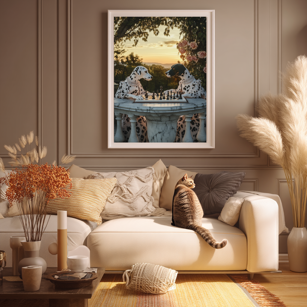 Checkmate Garden – Aristocratic Dalmatians Chess Wall Art Poster