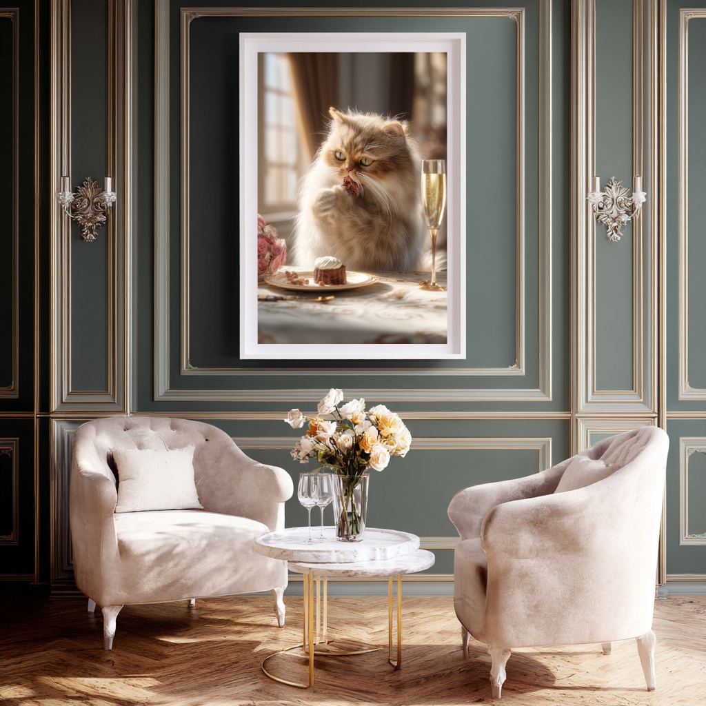 The Dessert Duchess – Elegant Cat Dining Wall Art Poster