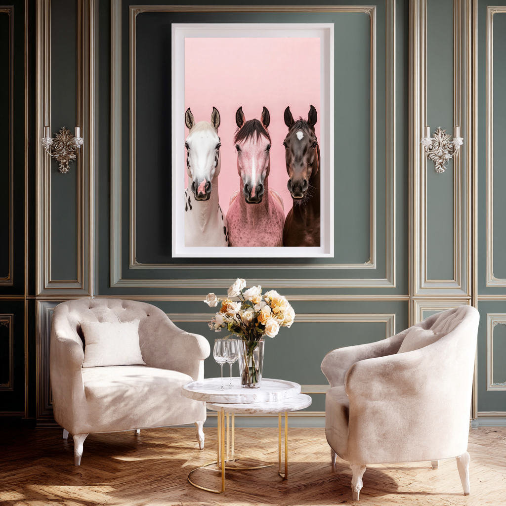 Pastel Herd – Trio of Horses Against Pink Wall Art Poster