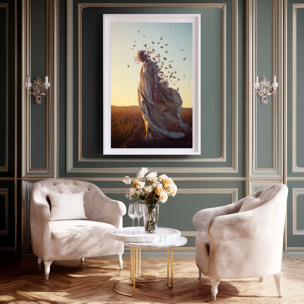 Winds of Becoming – Woman in Flight with Butterflies Wall Art Poster