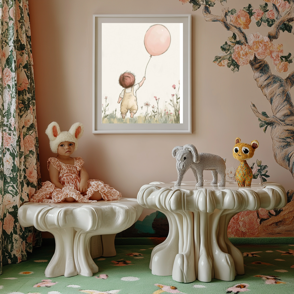 Little Explorer – Boy with Pink Balloon Nursery Wall Art Poster