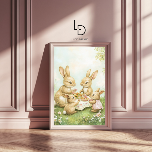 Bunny Picnic – Rabbit Family Tea Party Wall Art Poster
