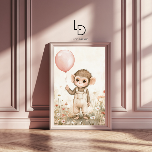 Monkey Joy – Baby Chimp with Balloon Nursery Wall Art Poster