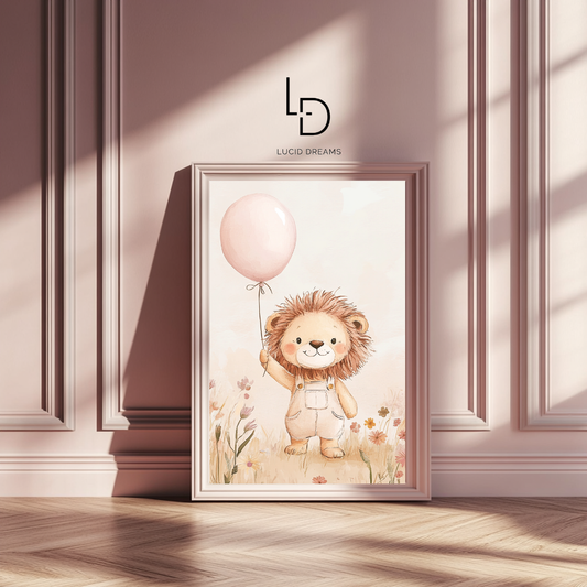 Smiling Lion – Soft Safari Balloon Nursery Wall Art Poster