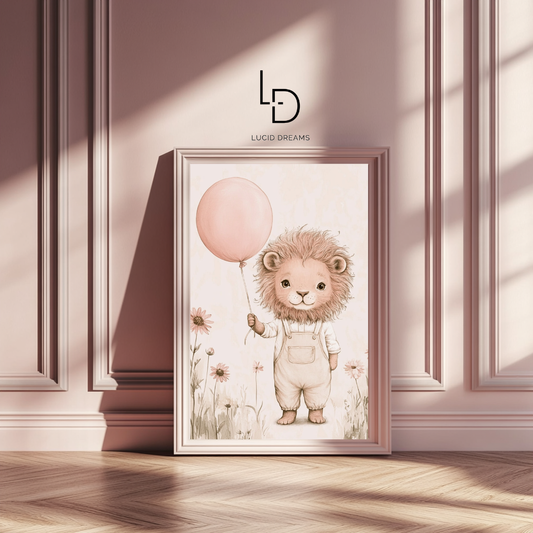 Soft Majesty – Gentle Lion with Balloon Nursery Wall Art Poster
