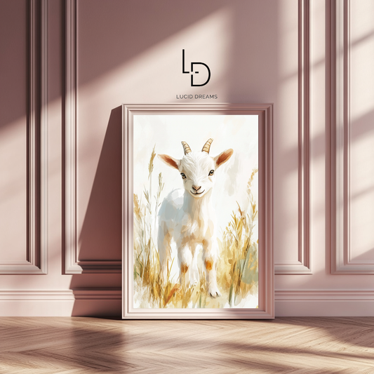Golden Stroll – Baby Goat in Field Wall Art Poster