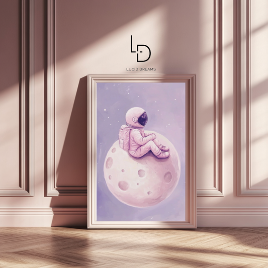 Pink Astronaut Sitting on Moon – Dreamy Space Nursery Wall Art Poster