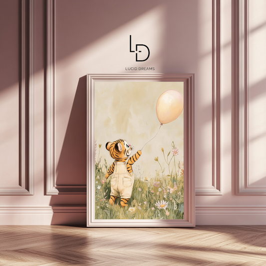 Chasing Light – Tiger Cub with Balloon Nursery Wall Art Poster