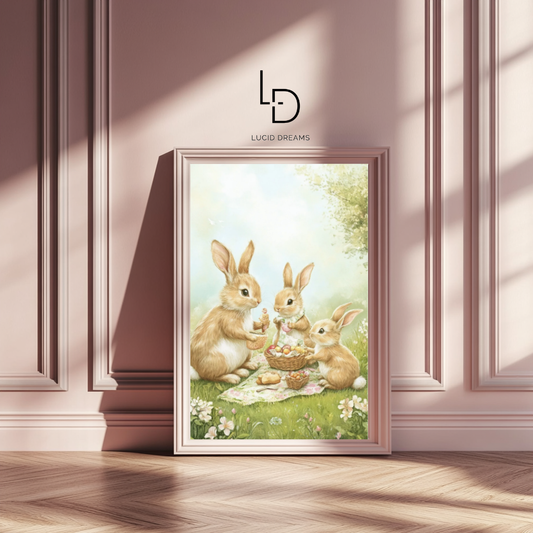 Bunny Brunch – Rabbit Picnic Meadow Wall Art Poster