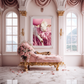 Pasture Princess wall art poster – Fashionable calf in pink couture set against a soft meadow backdrop, elegant and whimsical animal artwork for modern decor