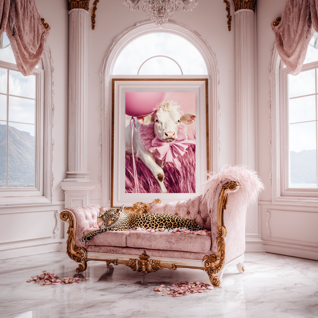 Pasture Princess wall art poster – Fashionable calf in pink couture set against a soft meadow backdrop, elegant and whimsical animal artwork for modern decor
